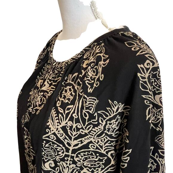 Lucky Brand Peasant Blouse Size 1X Plus Black Beige Keyhole Boho Top Shirt - Picture 4 of 8